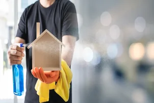 Reinigungsfachkraft reinigt einen modernen Büroraum