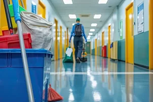 Reinigungsfachkraft reinigt einen modernen Büroraum